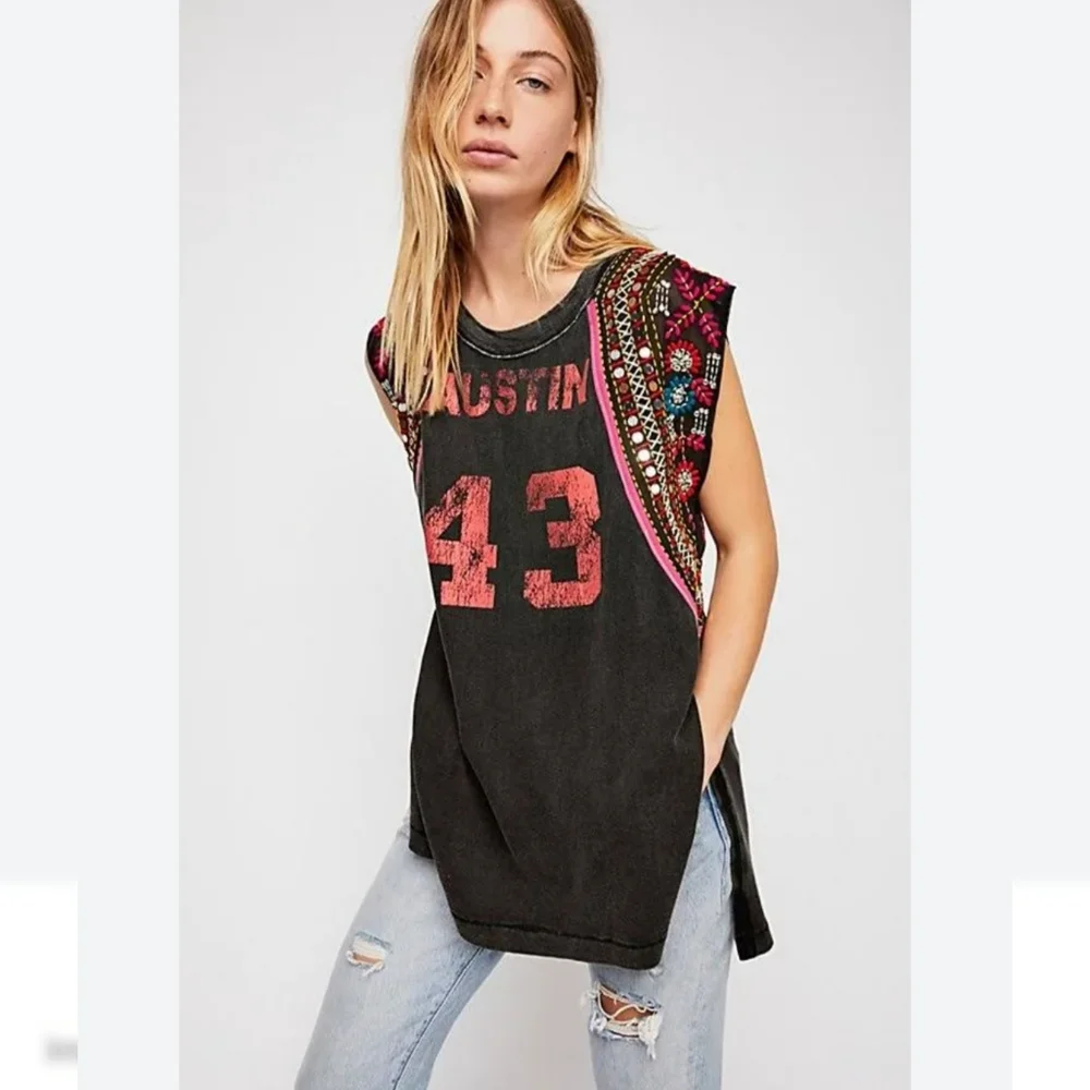 Free People Black Tank Top with Red Accents and Multicolor Embellished Shoulders - Picture 2 of 7